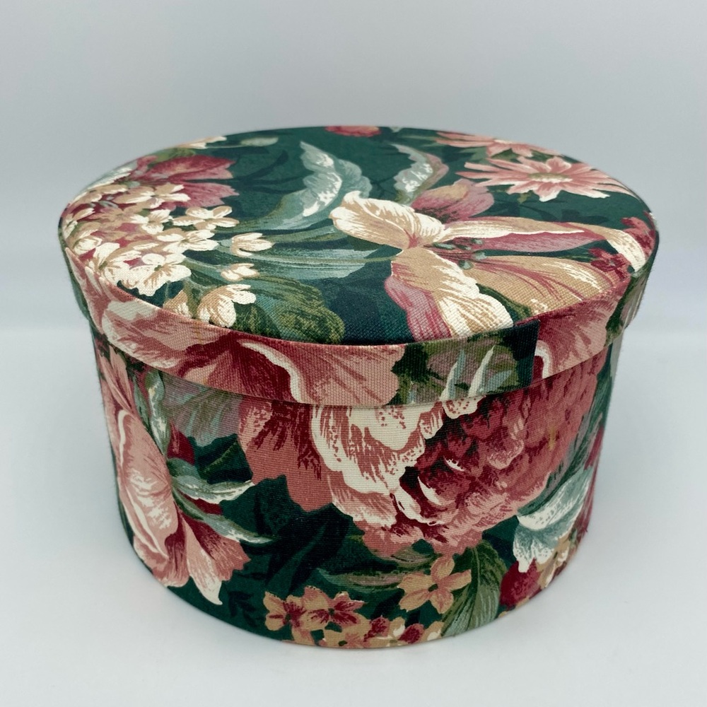 Vintage Round Fabric Jewelry/Sewing Storage Box with Three Trays